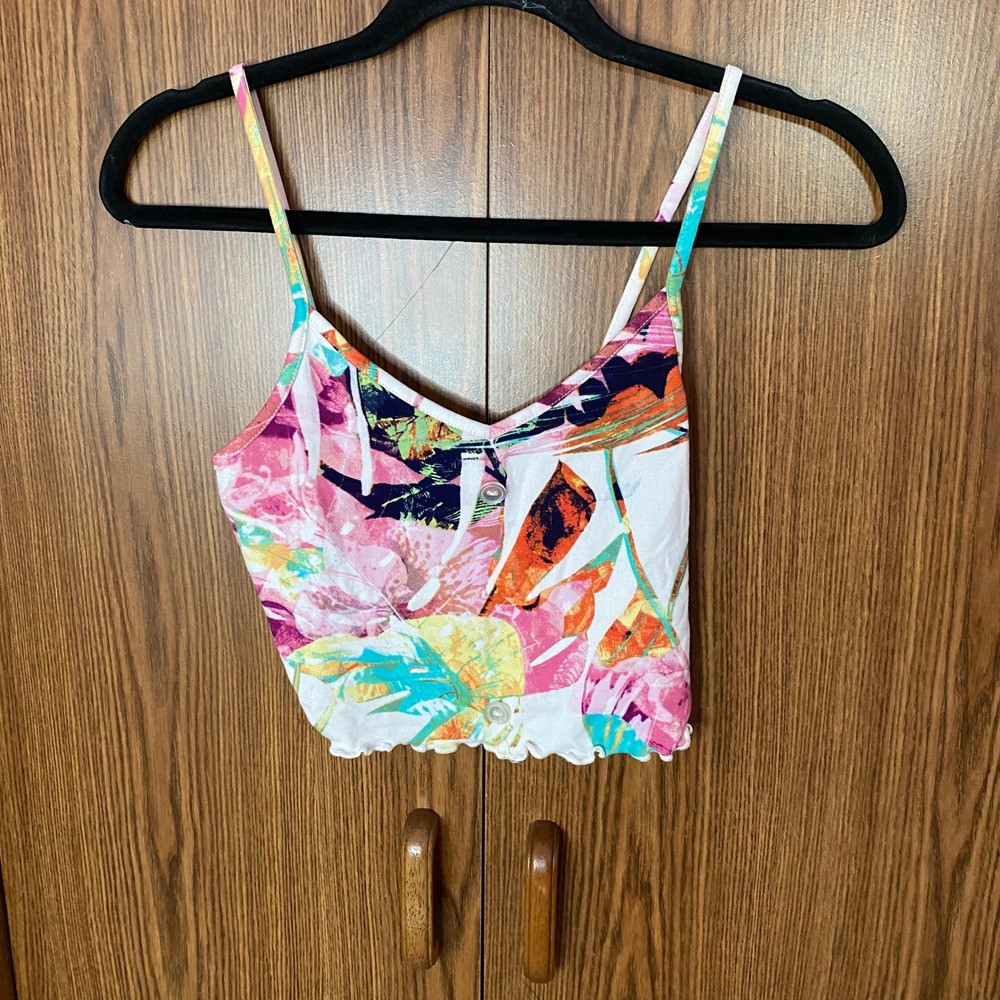 Minette Crop Top Women Medium Multicolor Tropical Floral Cami Button Detail